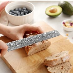 Zayiko Kinone - Brotmesser mit Wellenschliff - Damastmesser aus schwarzem Stahl