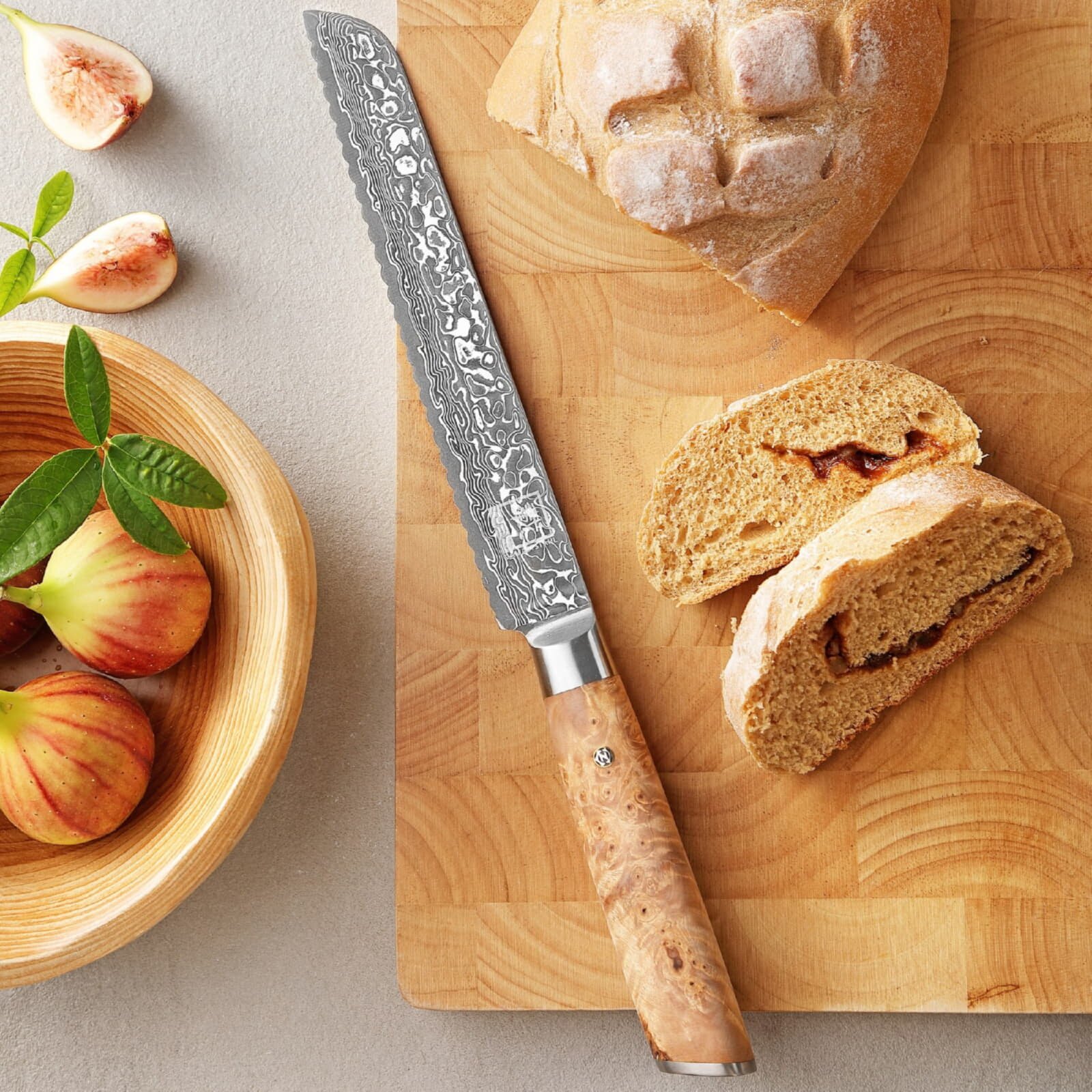 Zayiko Kinone - Brotmesser mit Wellenschliff - Damastmesser aus schwarzem Stahl