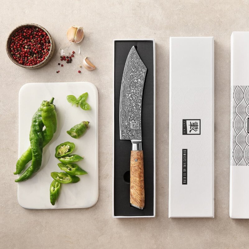 Zayiko Kinone - BBQ- und Blockmesser 20cm - Damastmesser aus schwarzem Stahl