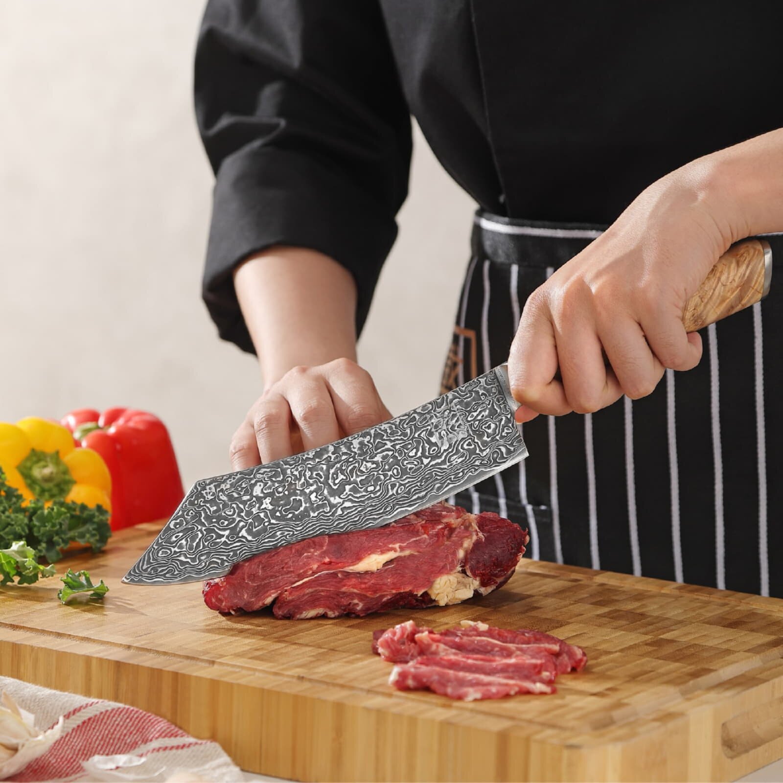 Zayiko Kinone - BBQ- und Blockmesser 20cm - Damastmesser aus schwarzem Stahl