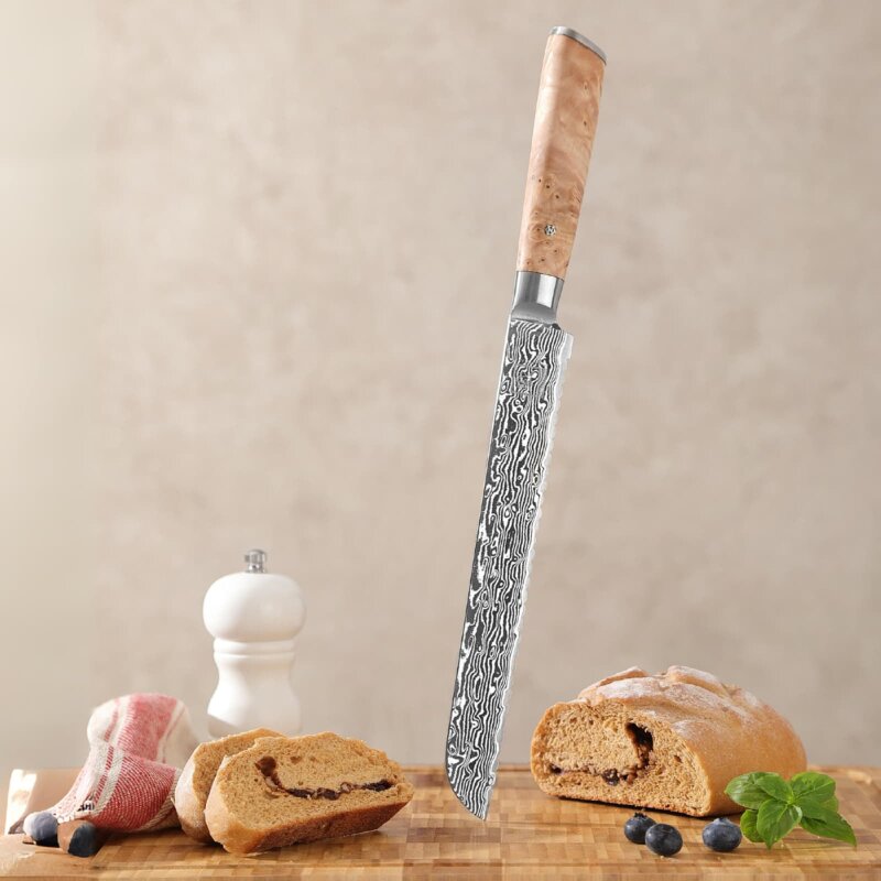 Zayiko Kinone - langes Brotmesser 23cm - Damastmesser aus schwarzem Stahl