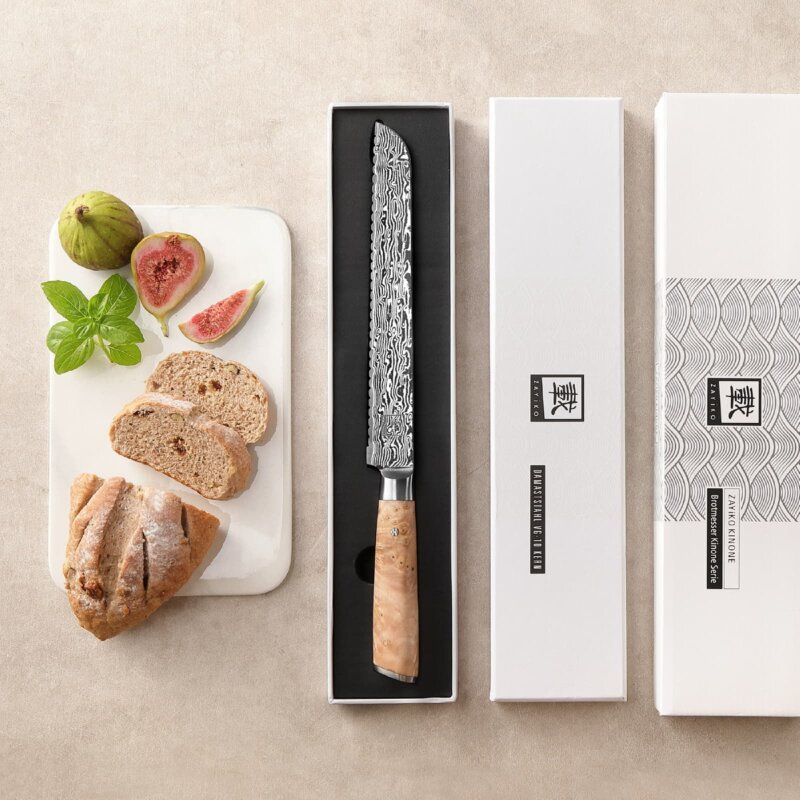 Zayiko Kinone - langes Brotmesser 23cm - Damastmesser aus schwarzem Stahl