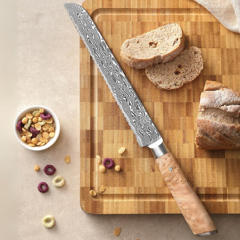 Zayiko Kinone - langes Brotmesser 23cm - Damastmesser aus schwarzem Stahl