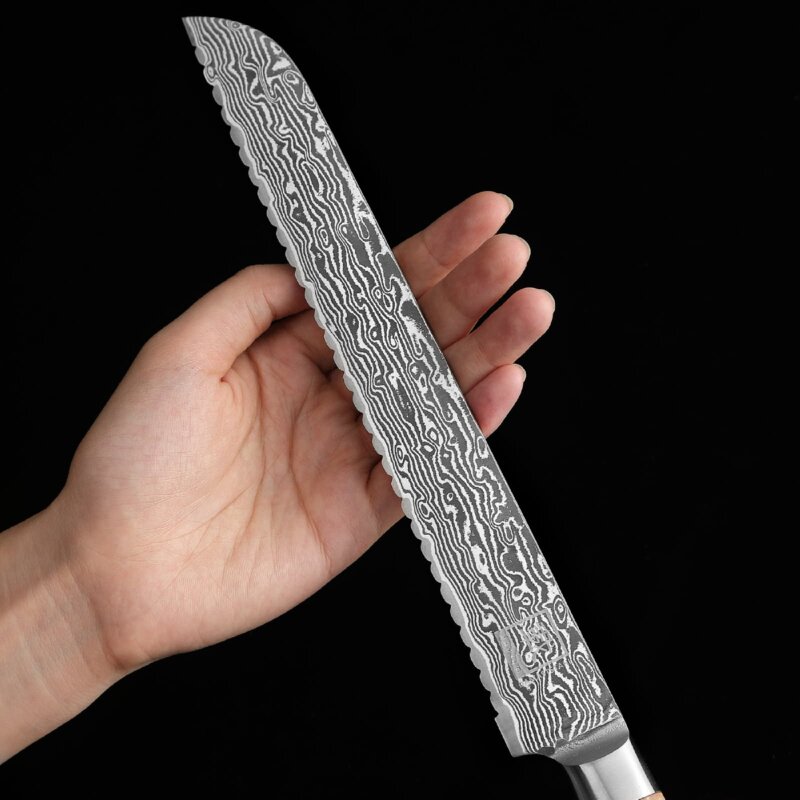 Zayiko Kinone - langes Brotmesser 23cm - Damastmesser aus schwarzem Stahl