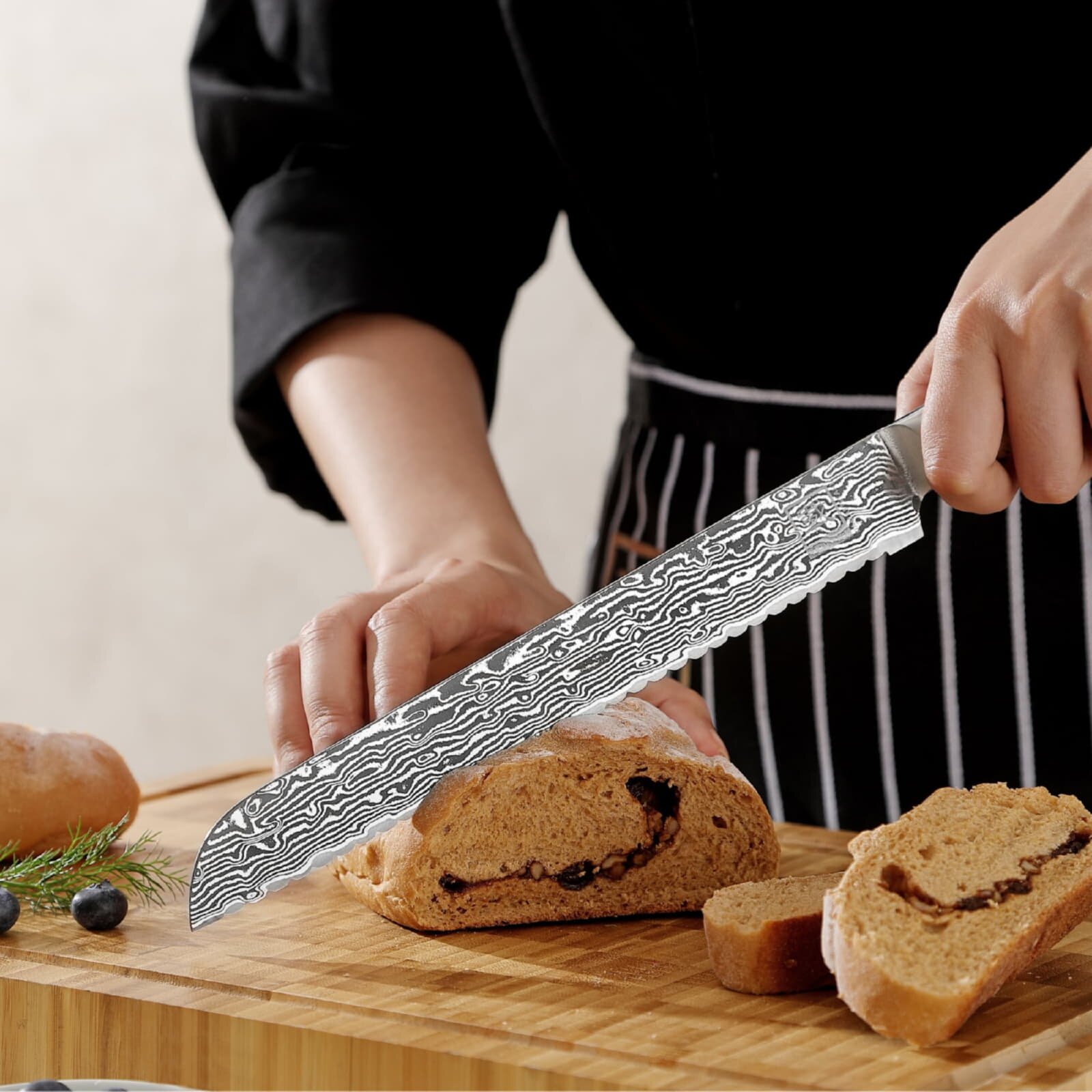 Zayiko Kinone - langes Brotmesser 23cm - Damastmesser aus schwarzem Stahl