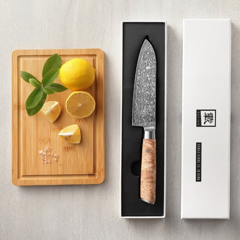 Zayiko Kinone - Santoku 17cm - Damastmesser aus schwarzem Stahl