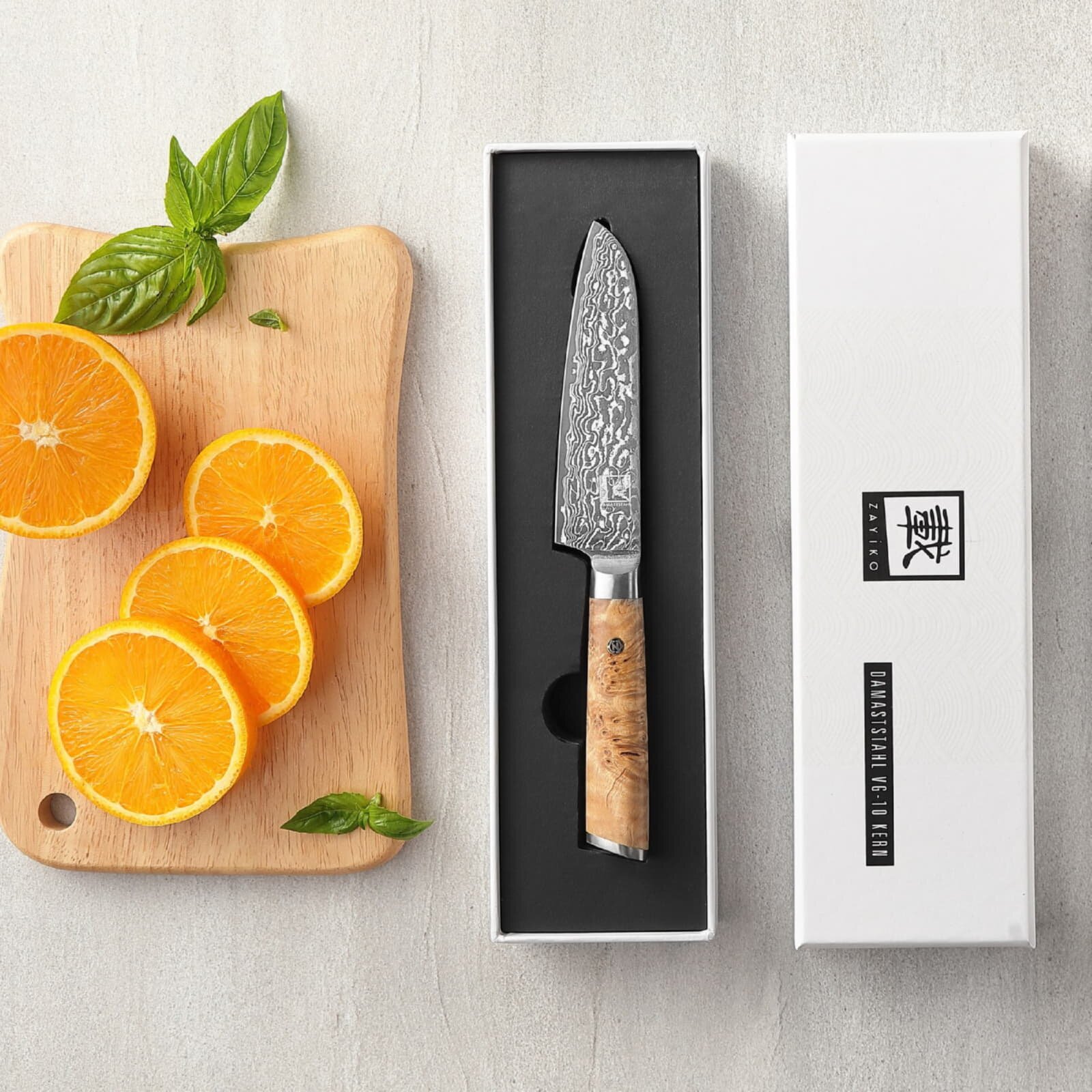 Zayiko Kinone - kleines Santoku 12cm - Damastmesser aus schwarzem Stahl