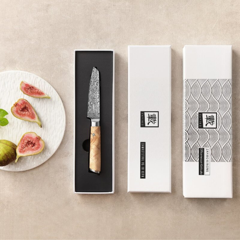 Zayiko Kinone - Officemesser Mukimono 10cm - Damastmesser aus schwarzem Stahl