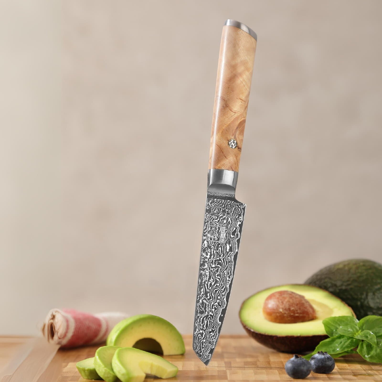 Zayiko Kinone - Officemesser Mukimono 10cm - Damastmesser aus schwarzem Stahl