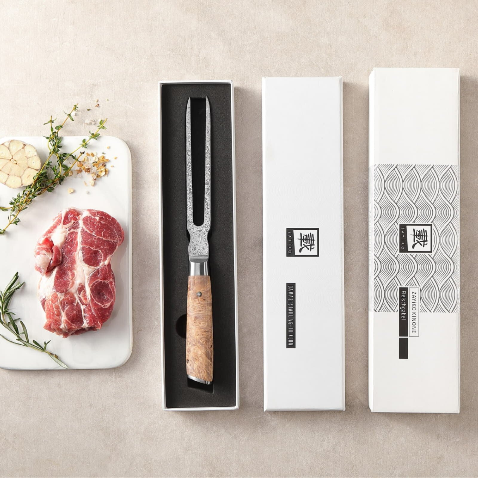 Zayiko Kinone - Tranchiergabel - Damastmesser aus schwarzem Stahl