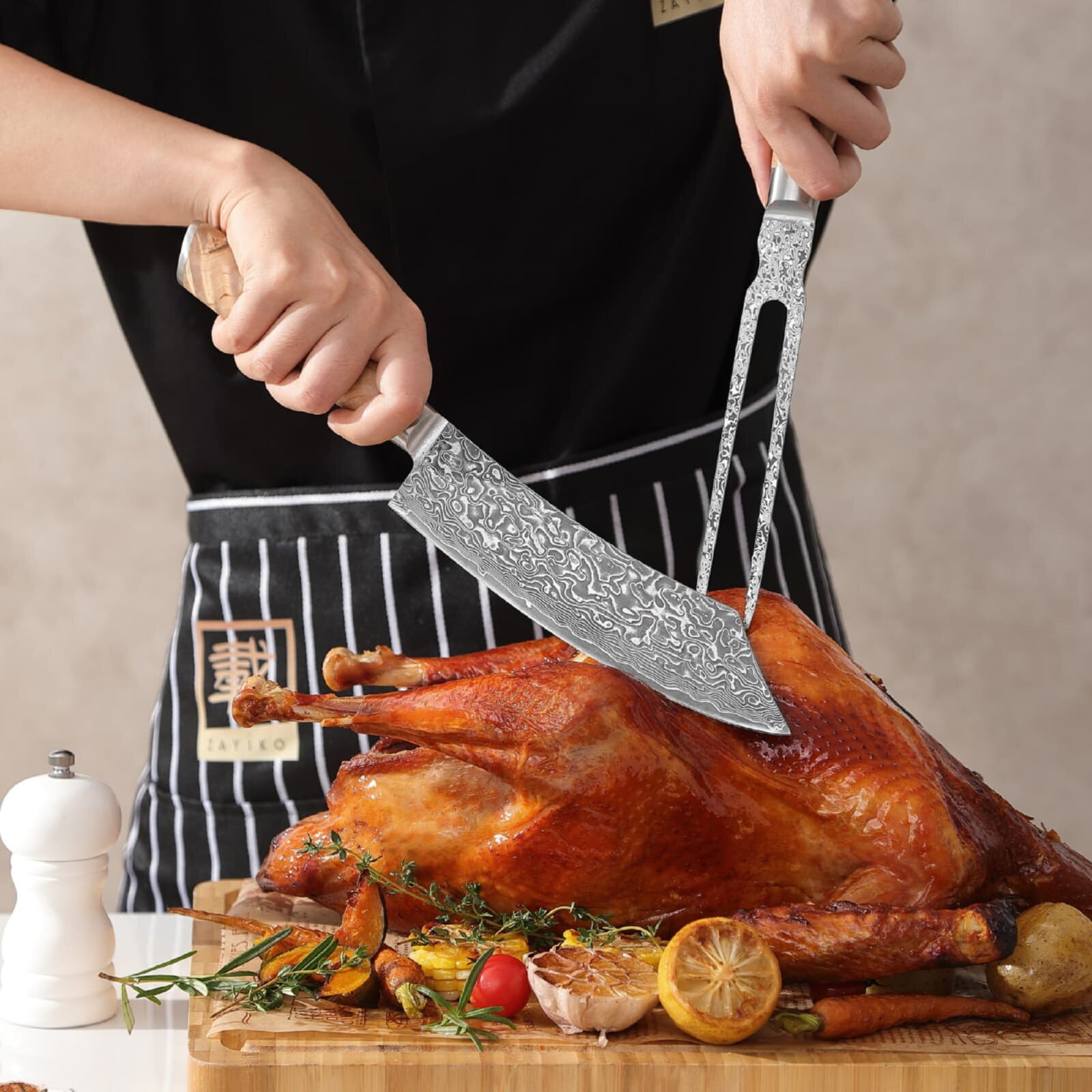 Zayiko Kinone - Tranchiergabel - Damastmesser aus schwarzem Stahl