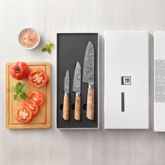 Zayiko Kinone - 3er Set Santoku, kleines Santoku, Officemesser - Damastmesser aus schwarzem Stahl