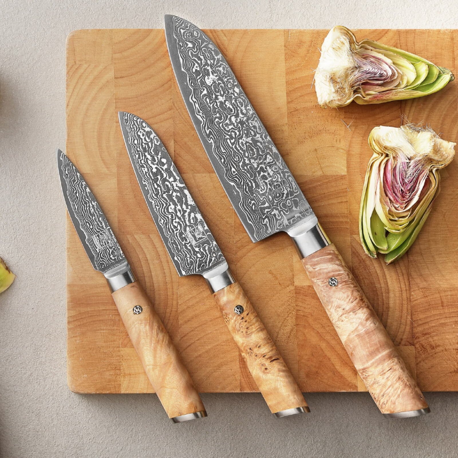 Zayiko Kinone - 3er Set Santoku, kleines Santoku, Officemesser - Damastmesser aus schwarzem Stahl