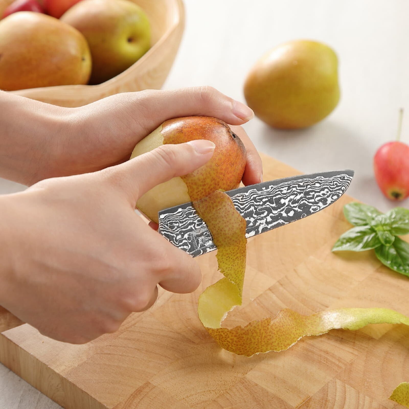 Zayiko Kinone - 3er Set Santoku, kleines Santoku, Officemesser - Damastmesser aus schwarzem Stahl