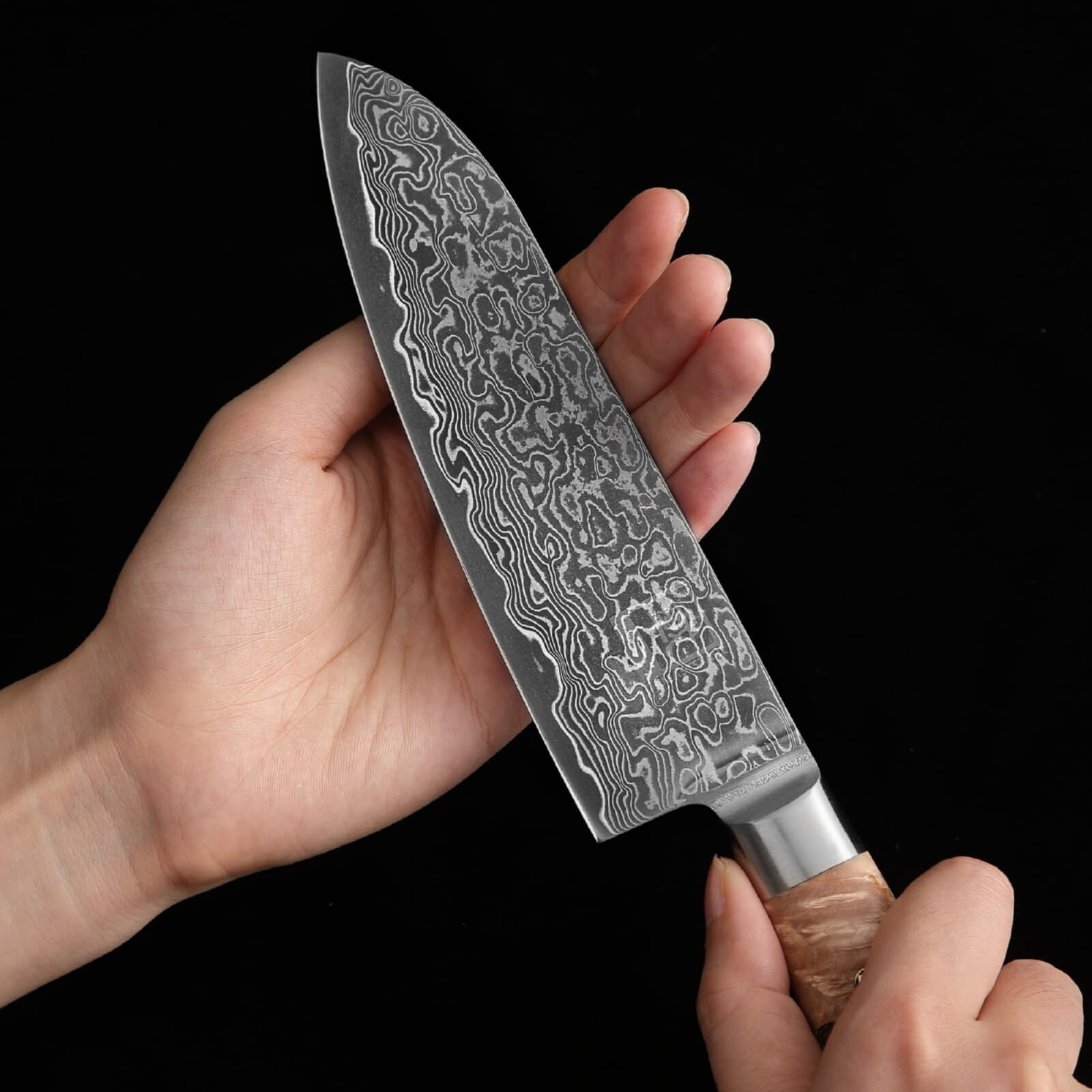 Zayiko Kinone - 3er Set Santoku, kleines Santoku, Officemesser - Damastmesser aus schwarzem Stahl