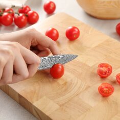 Zayiko Kinone - 4er Set Brotmesser, Santoku, kleines Santoku, Officemesser - Damastmesser aus schwarzem Stahl