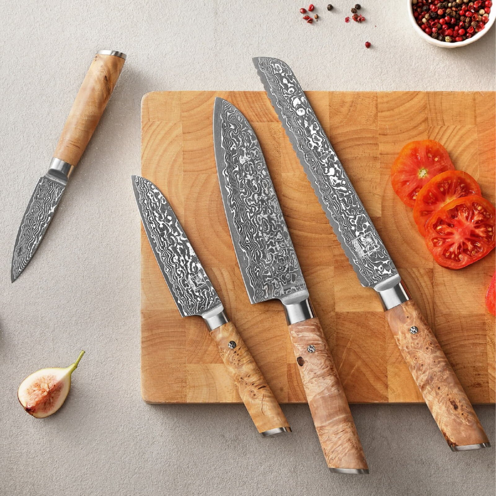 Zayiko Kinone - 4er Set Brotmesser, Santoku, kleines Santoku, Officemesser - Damastmesser aus schwarzem Stahl