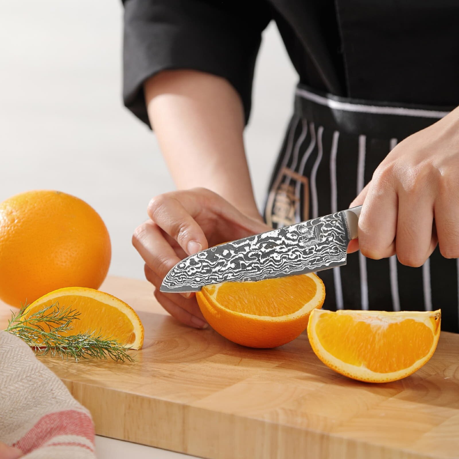 Zayiko Kinone - 4er Set Brotmesser, Santoku, kleines Santoku, Officemesser - Damastmesser aus schwarzem Stahl