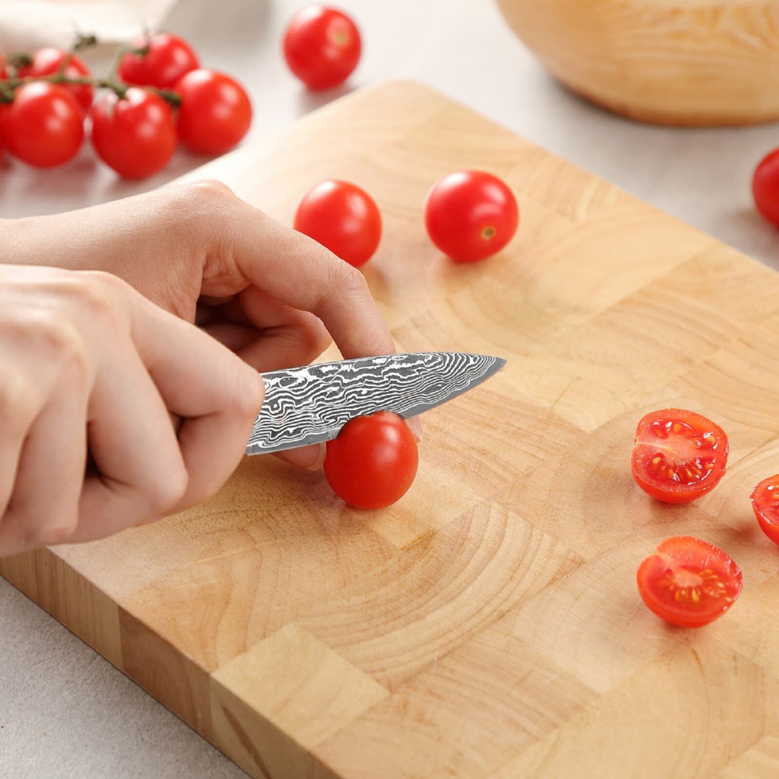 Zayiko Kinone - 4er Set Brotmesser, Santoku, kleines Santoku, Officemesser - Damastmesser aus schwarzem Stahl