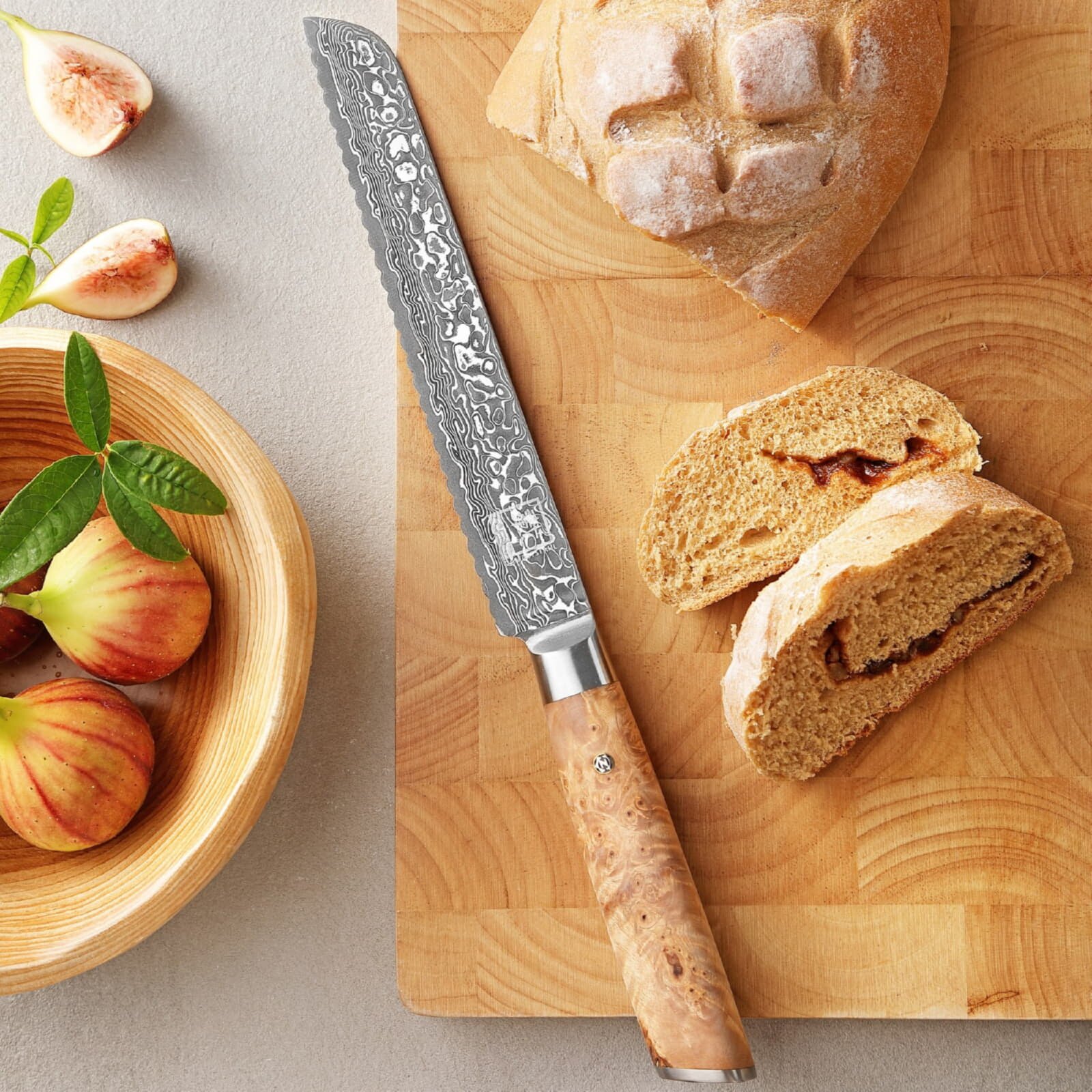 Zayiko Kinone - 4er Set Brotmesser, Santoku, kleines Santoku, Officemesser - Damastmesser aus schwarzem Stahl