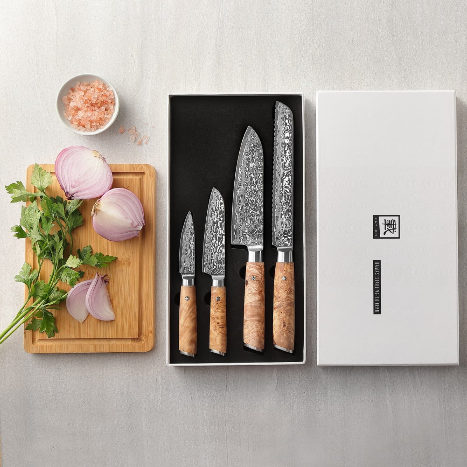 Zayiko Kinone - 4er Set Brotmesser, Santoku, kleines Santoku, Officemesser - Damastmesser aus schwarzem Stahl