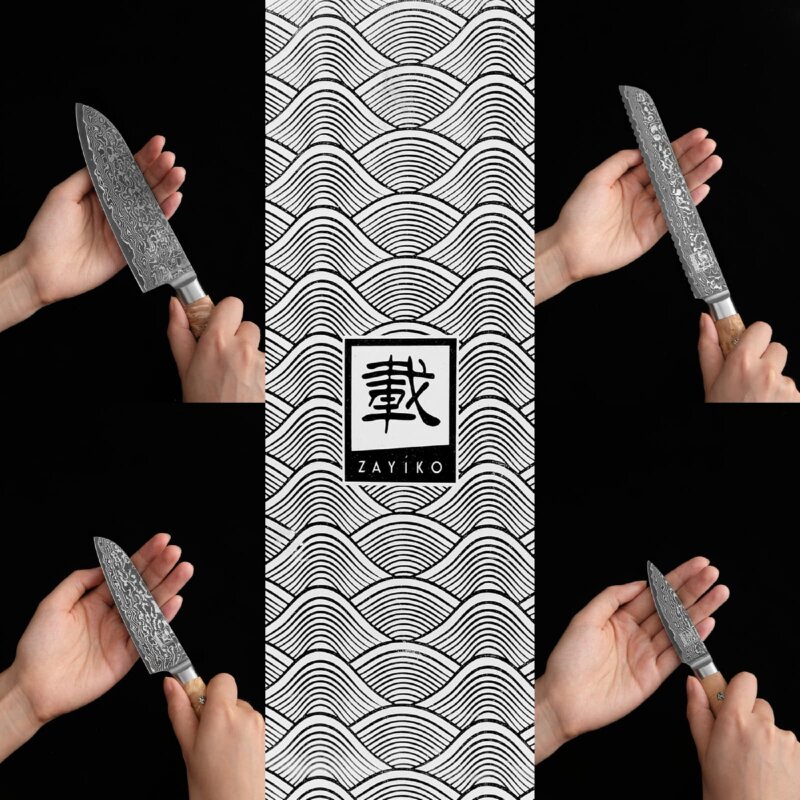 Zayiko Kinone - 6er Set Brot-, Chef-, Fleisch-, Officemesser, Santoku, kleines Santoku - Damastmesser aus schwarzem Stahl