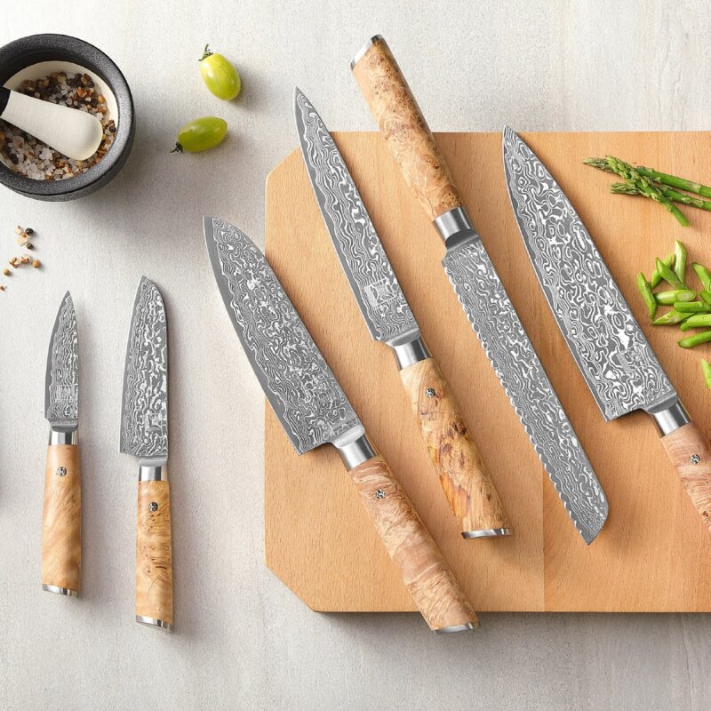Zayiko Kinone - 6er Set Brot-, Chef-, Fleisch-, Officemesser, Santoku, kleines Santoku - Damastmesser aus schwarzem Stahl