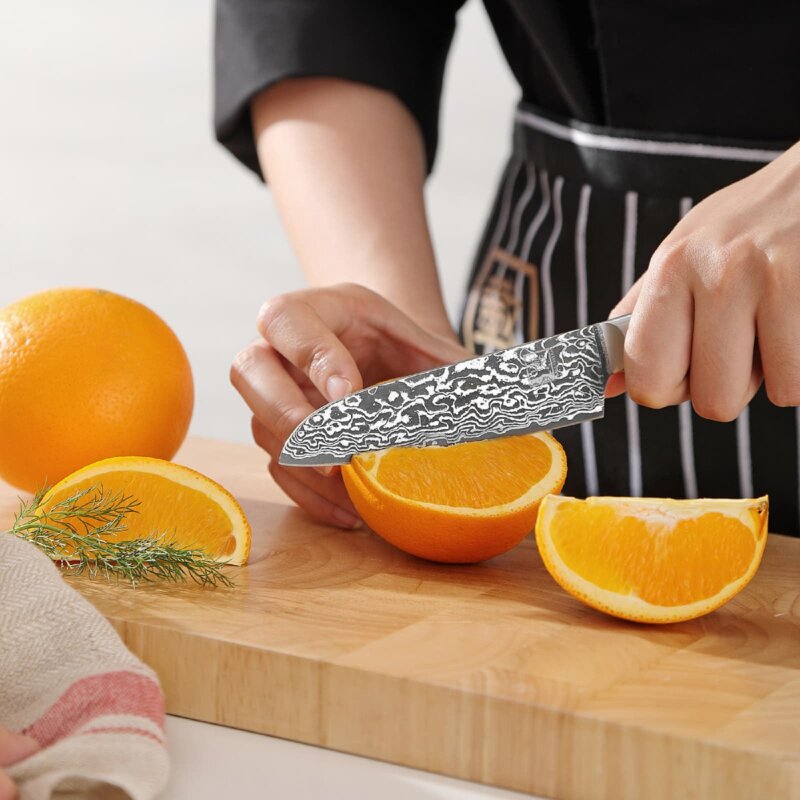 Zayiko Kinone - 6er Set Brot-, Chef-, Fleisch-, Officemesser, Santoku, kleines Santoku - Damastmesser aus schwarzem Stahl