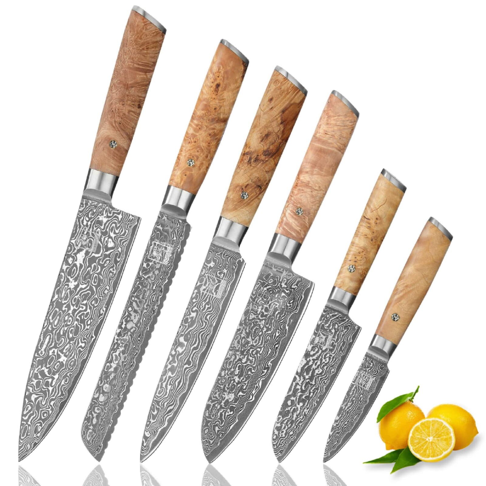 Zayiko Kinone - 6er Set Brot-, Chef-, Fleisch-, Officemesser, Santoku, kleines Santoku - Damastmesser aus schwarzem Stahl