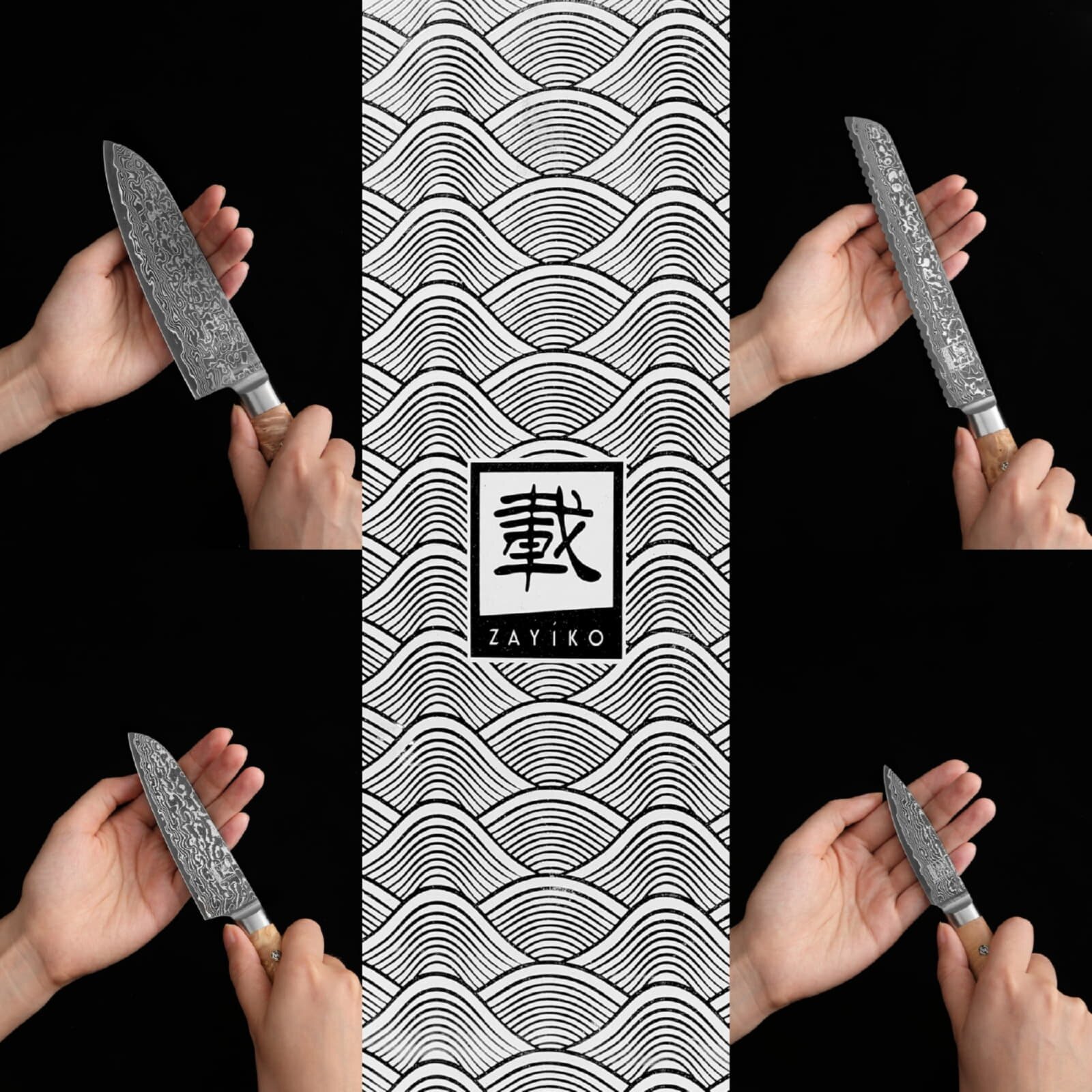 Zayiko Kinone - 6er Set Brot-, Chef-, Fleisch-, Officemesser, Santoku, kleines Santoku - Damastmesser aus schwarzem Stahl