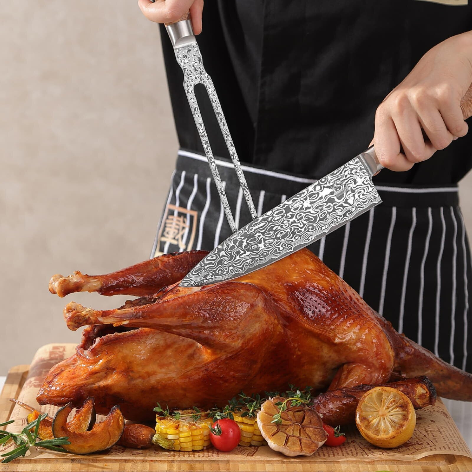 Zayiko Kinone - 6er Set Brot-, Chef-, Fleisch-, Officemesser, Santoku, kleines Santoku - Damastmesser aus schwarzem Stahl