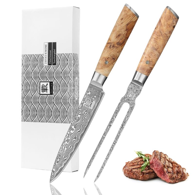 Zayiko Kinone - 2er Set Tranchier- und Fleischmesser & Tranchiergabel - Damastmesser aus schwarzem Stahl