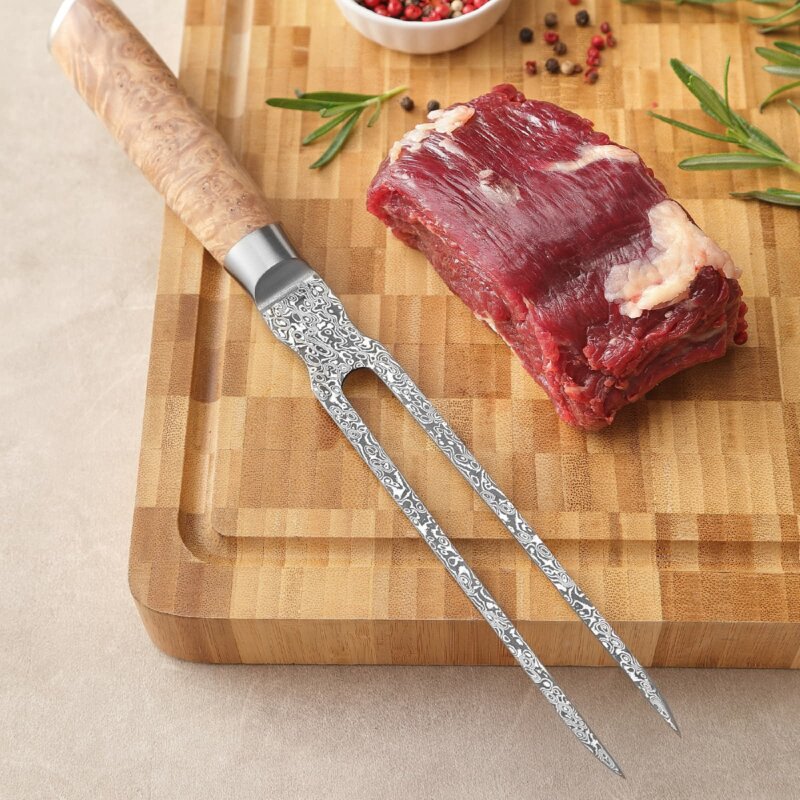 Zayiko Kinone - 2er Set Tranchier- und Fleischmesser & Tranchiergabel - Damastmesser aus schwarzem Stahl