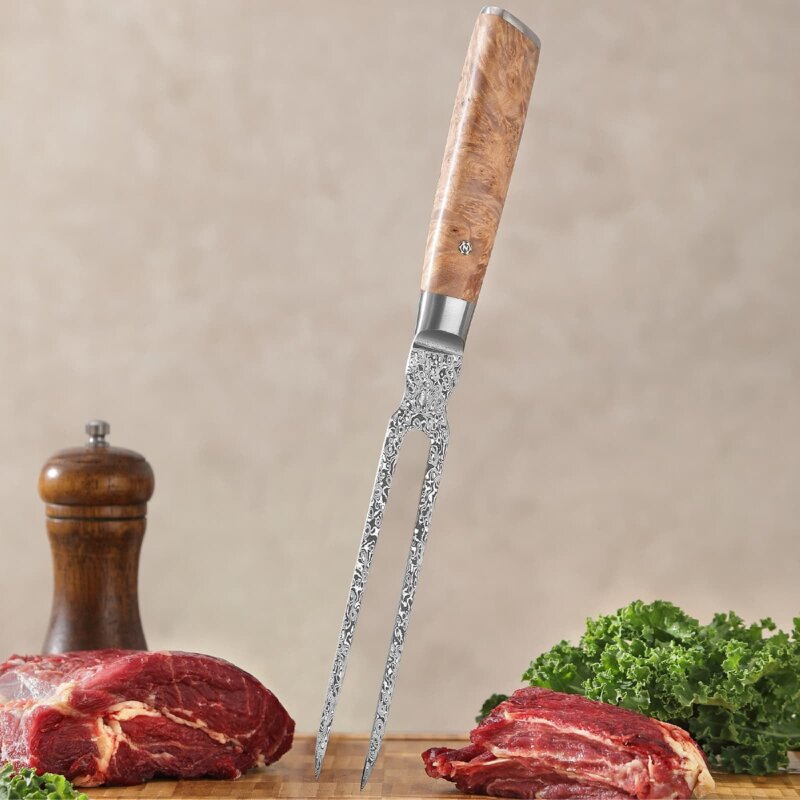 Zayiko Kinone - 2er Set Tranchier- und Fleischmesser & Tranchiergabel - Damastmesser aus schwarzem Stahl