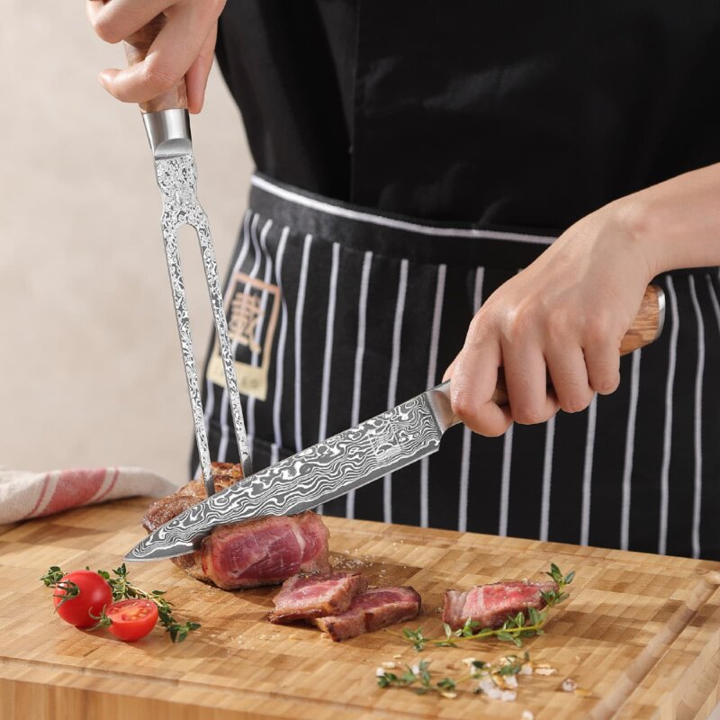 Zayiko Kinone - 2er Set Tranchier- und Fleischmesser & Tranchiergabel - Damastmesser aus schwarzem Stahl