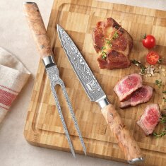 Zayiko Kinone - 2er Set Tranchier- und Fleischmesser & Tranchiergabel - Damastmesser aus schwarzem Stahl