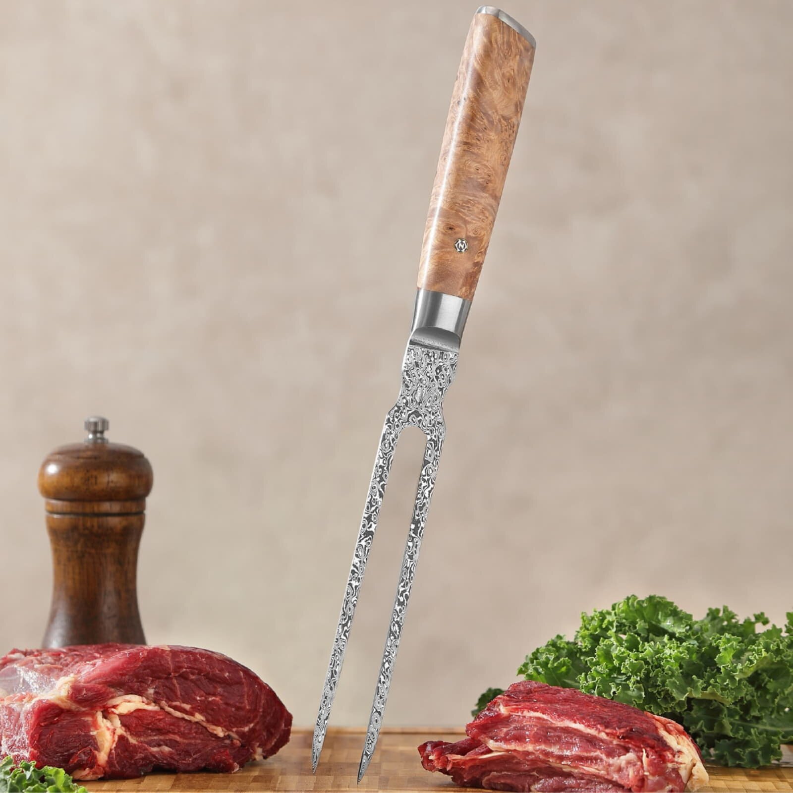 Zayiko Kinone - 2er Set Tranchier- und Fleischmesser & Tranchiergabel - Damastmesser aus schwarzem Stahl