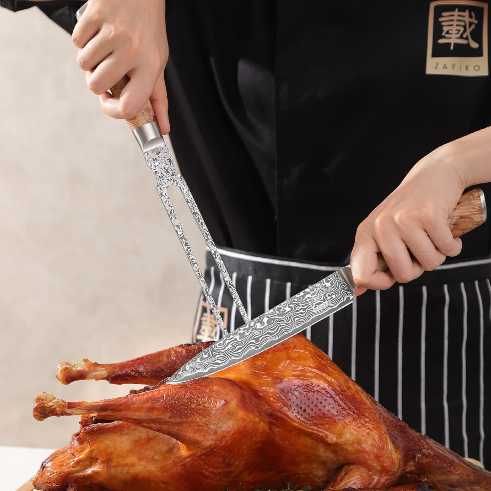 Zayiko Kinone - 2er Set Tranchier- und Fleischmesser & Tranchiergabel - Damastmesser aus schwarzem Stahl