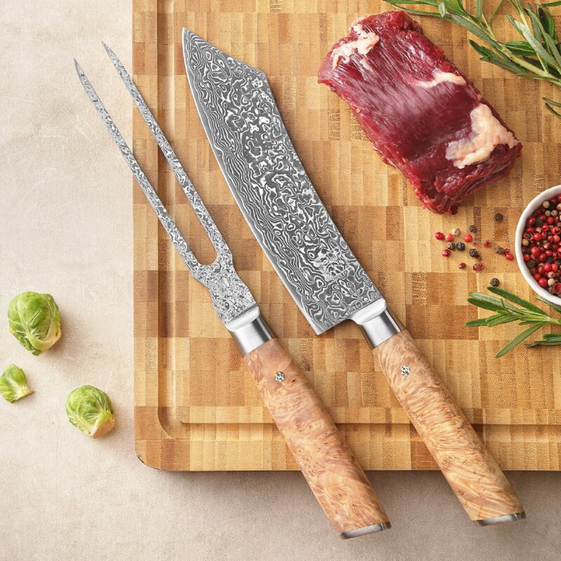 Zayiko Kinone - 2er Set Blockmesser & Tranchiergabel - Damastmesser aus schwarzem Stahl