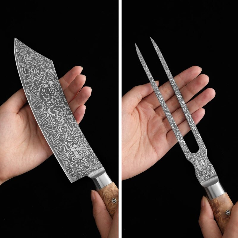 Zayiko Kinone - 2er Set Blockmesser & Tranchiergabel - Damastmesser aus schwarzem Stahl