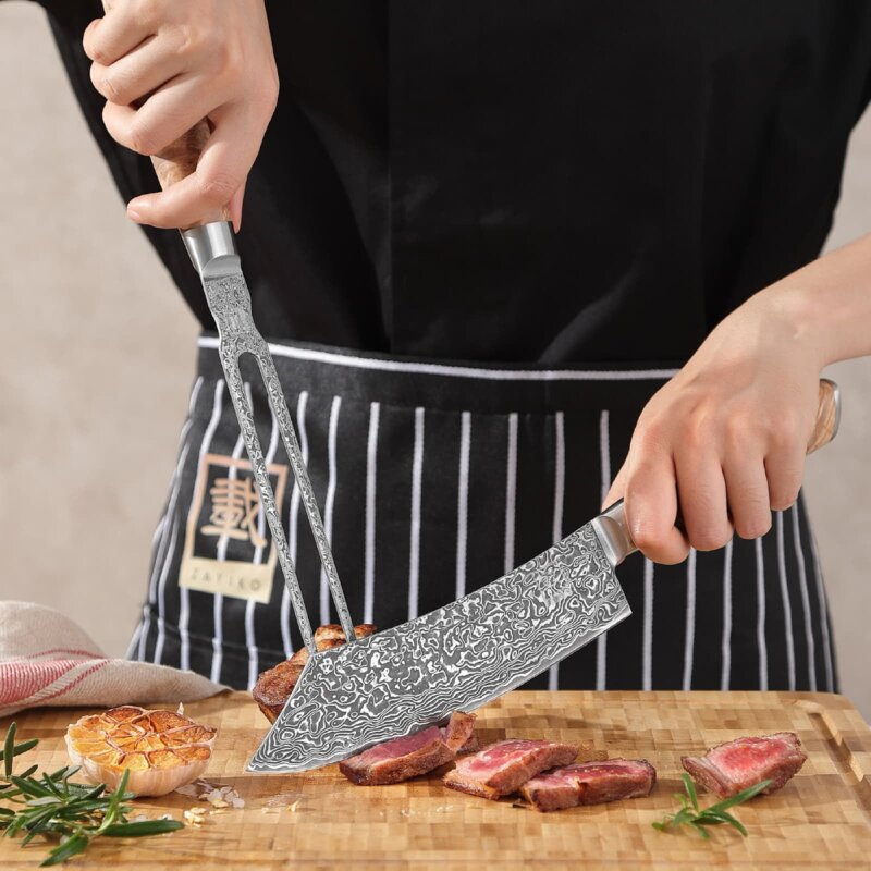 Zayiko Kinone - 2er Set Blockmesser & Tranchiergabel - Damastmesser aus schwarzem Stahl