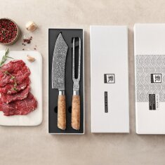 Zayiko Kinone - 2er Set Blockmesser & Tranchiergabel - Damastmesser aus schwarzem Stahl