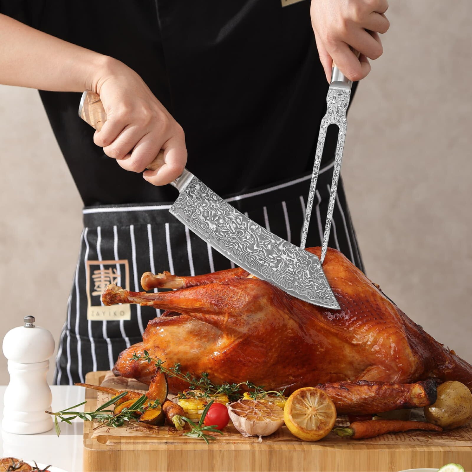 Zayiko Kinone - 2er Set Blockmesser & Tranchiergabel - Damastmesser aus schwarzem Stahl