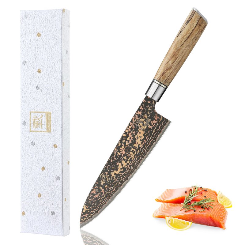 Zayiko BlackMagma - Chefmesser 19cm - Damastmesser in schwarz mit Bronze- und Kupferelementen