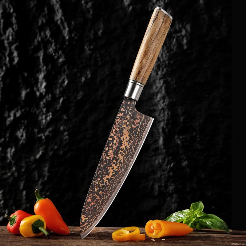 Zayiko BlackMagma - Chefmesser 19cm - Damastmesser in schwarz mit Bronze- und Kupferelementen