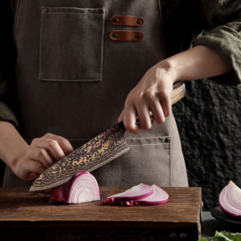 Zayiko BlackMagma - Chefmesser 19cm - Damastmesser in schwarz mit Bronze- und Kupferelementen