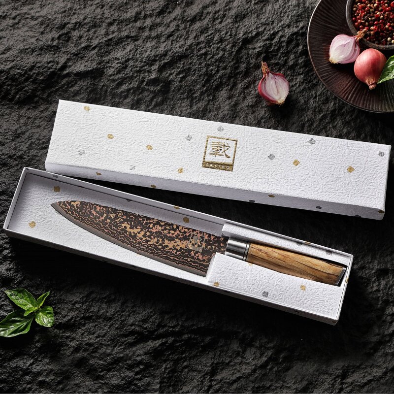 Zayiko BlackMagma - Chefmesser 19cm - Damastmesser in schwarz mit Bronze- und Kupferelementen