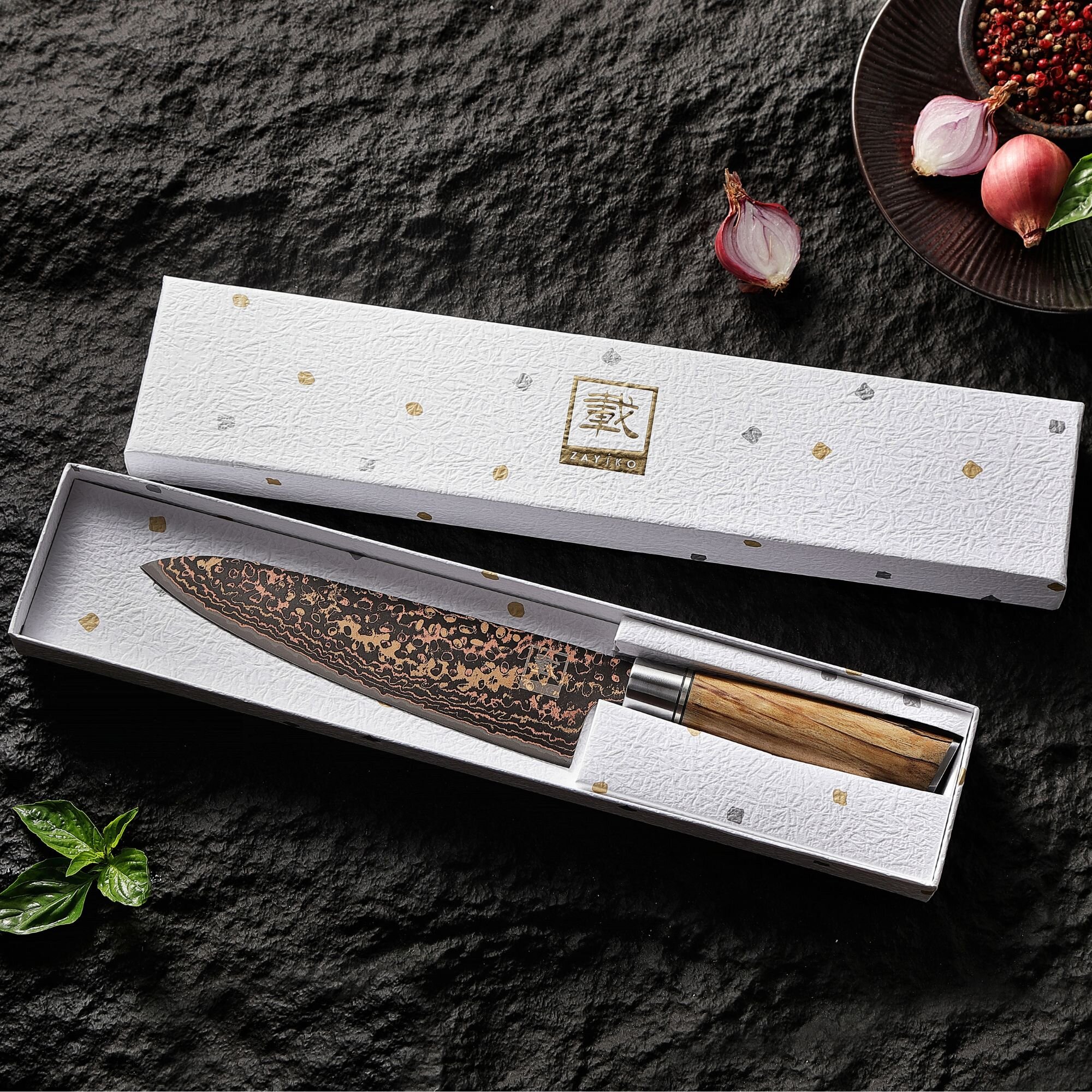 Zayiko BlackMagma - Chefmesser 19cm - Damastmesser in schwarz mit Bronze- und Kupferelementen