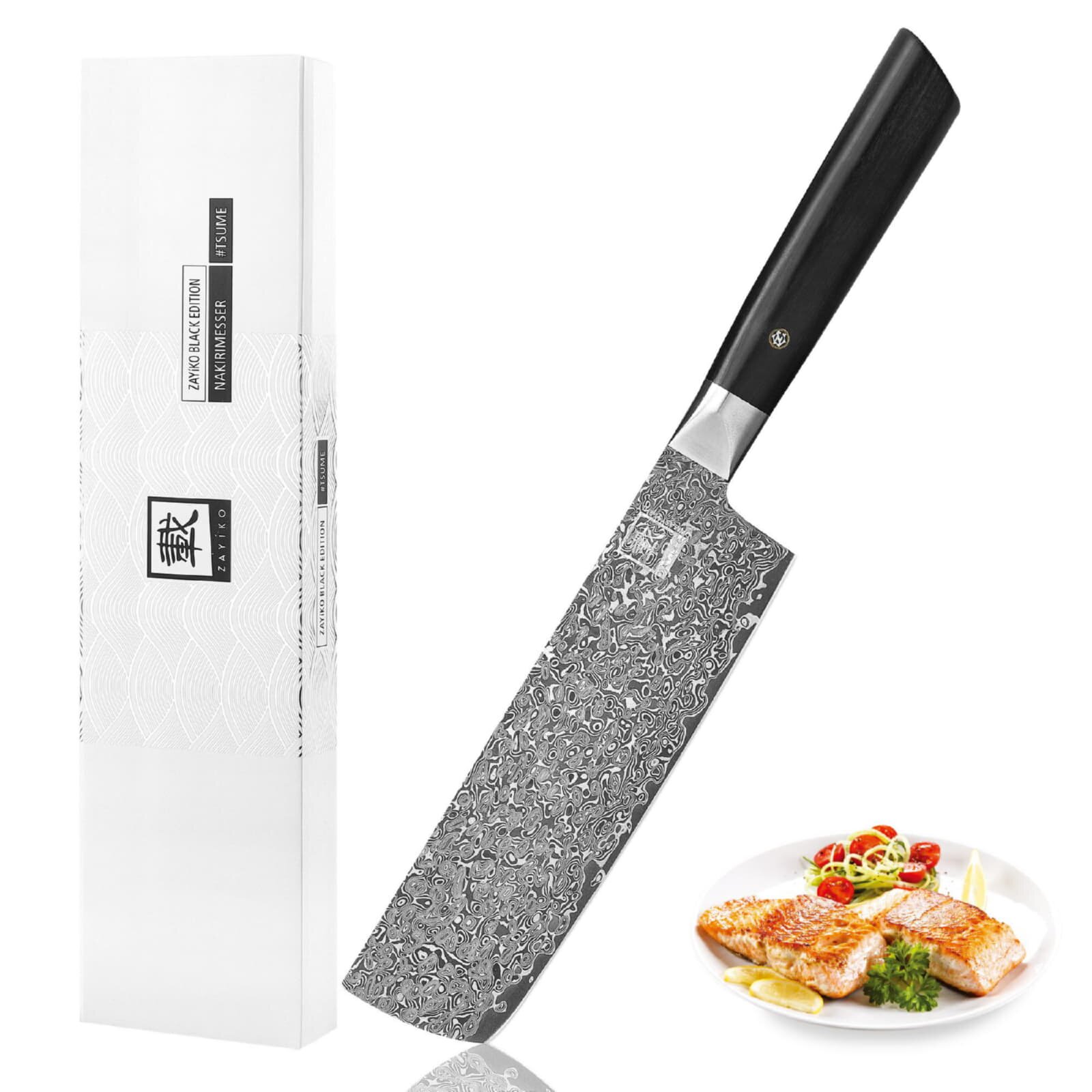 Zayiko Black Edition - Nakirimesser 18,5cm - Damastmesser aus schwarzem Stahl