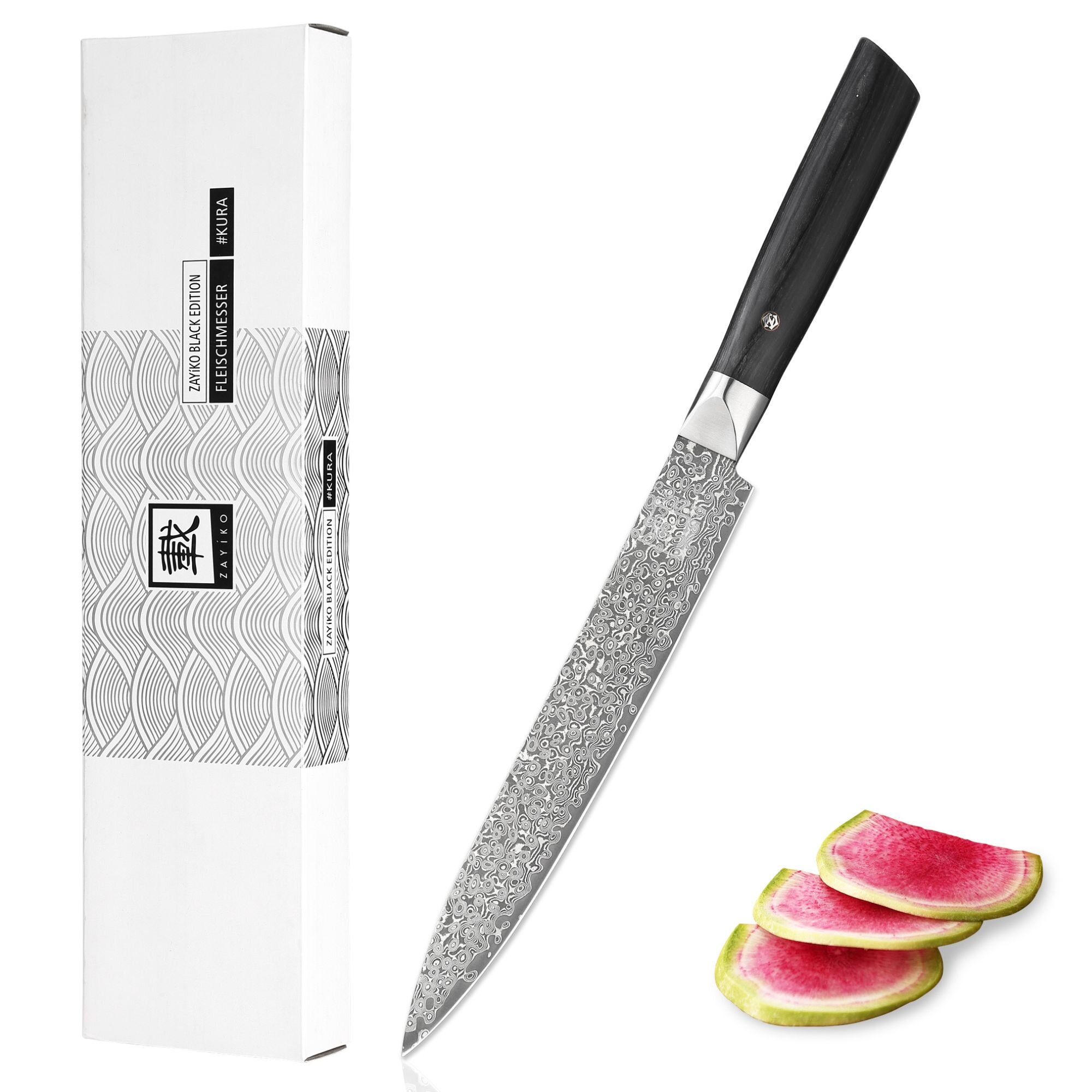 Zayiko Black Edition - Tranchier- und Fleischmesser 20,7cm - Damastmesser aus schwarzem Stahl